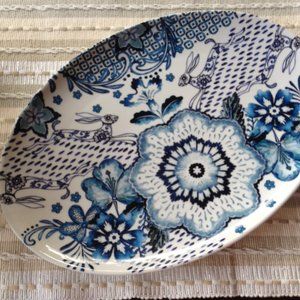 Pier 1 Rabbit Hare Blue White Oval Ceramic Platter